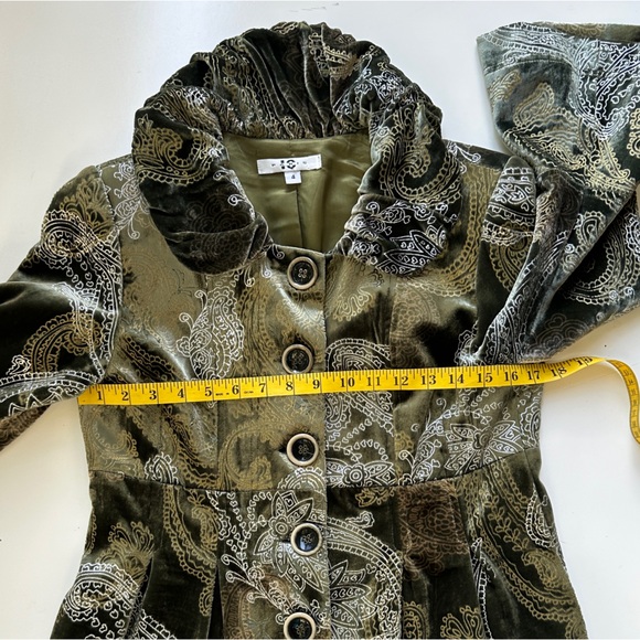 IC Paris Velvet olive Green Silver Paisley Print Silk Blazer Dressy Coat Size 4 - Picture 3 of 9